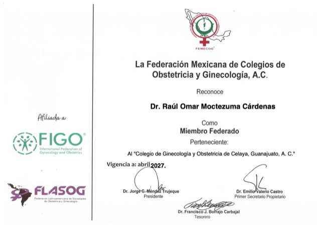 Miembro Federado del Colegio de Ginecología y Obstetricia de Celaya, FEMECOG